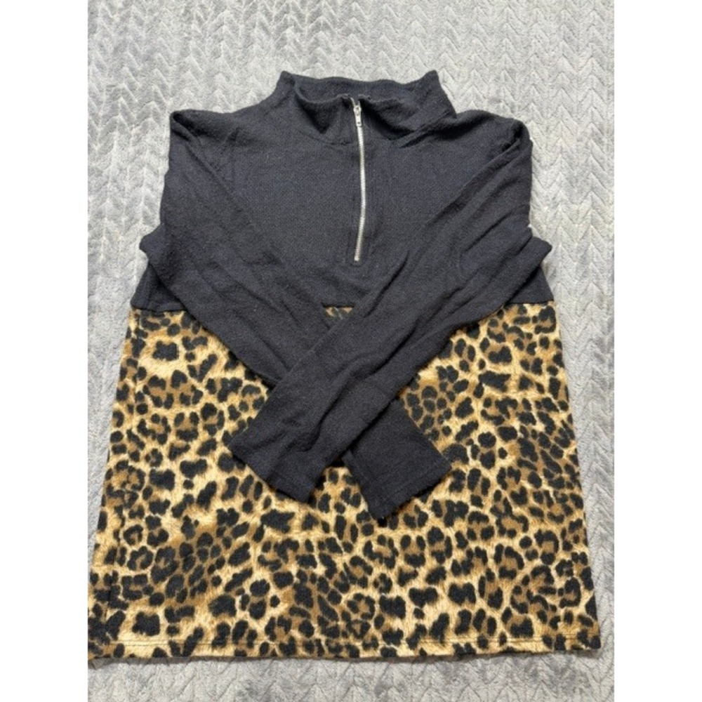 Fantastic Fawn Women Black Leopard Colorblock Quarter Zip Mock Neck Small 0646